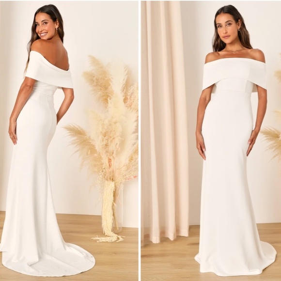 LULUS Bridal Wedding Chic Minimalist Mermaid Trumpet Off the Shoulder Gown - Picture 1 of 5
